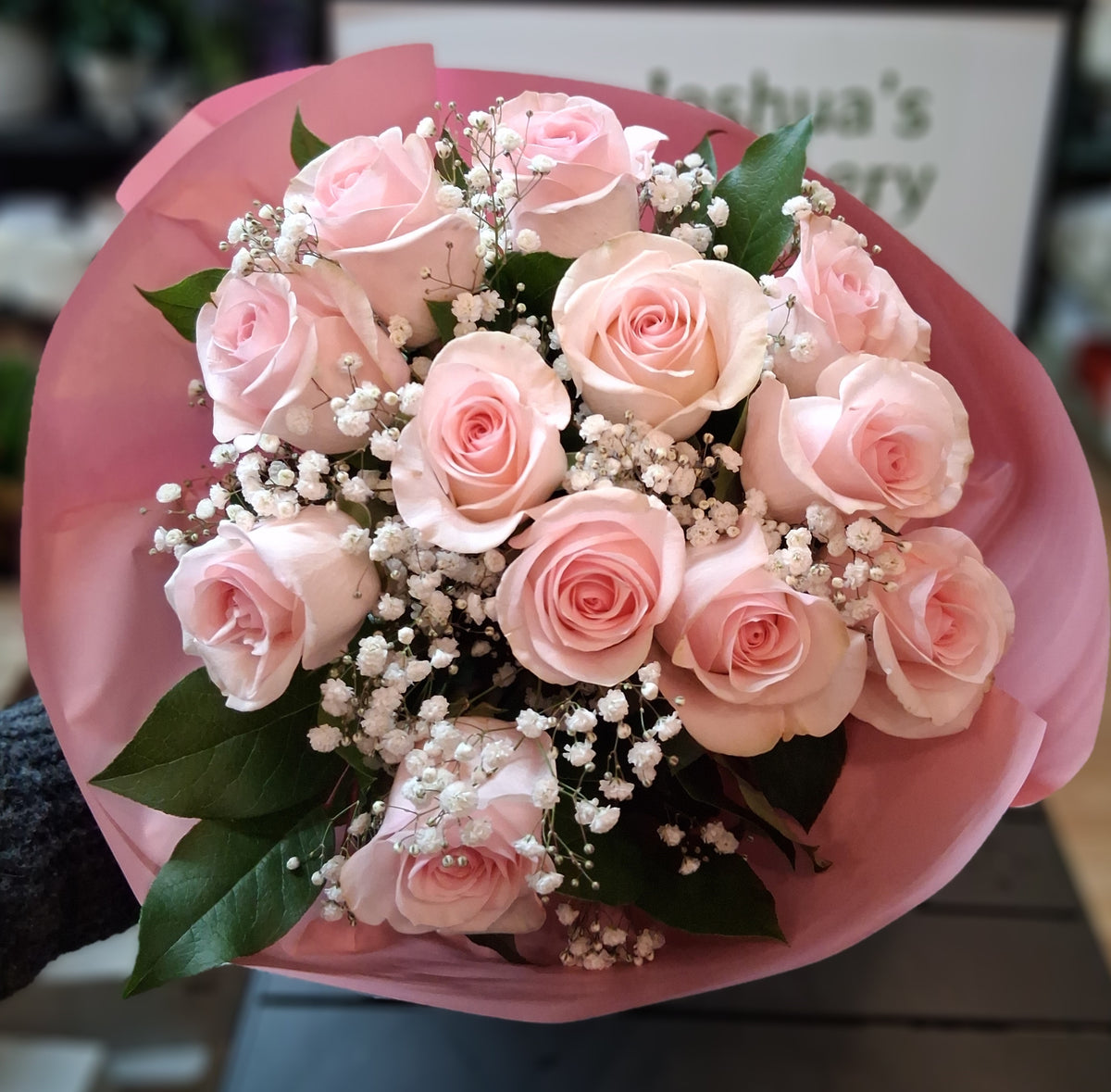 Long Stem Pink Rose Bouquet – Joshua's Greenery Floral Design