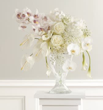 Elegant white orchid and rose flower arrangement in clear vase, Joshua's Greenery Barrie Florist