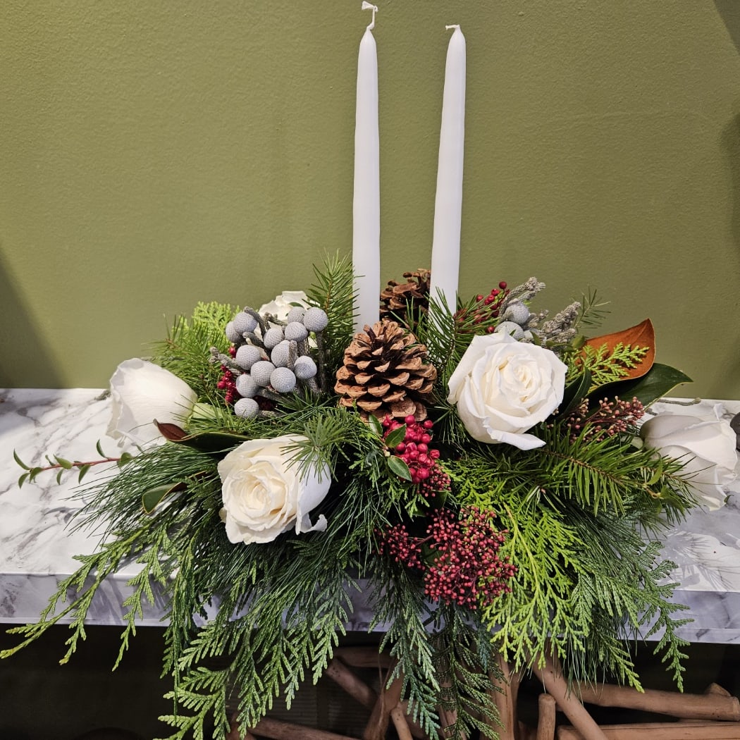 Holiday Centrepiece with White Roses - Joshua's Greenery-Barrie Florist