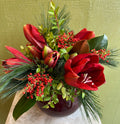Red amaryllis and berries floral arrangement in vase by Joshua's Greenery Barrie Florist