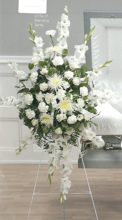White funeral standing spray with roses and lilies on easel, Joshua's Greenery Barrie florist