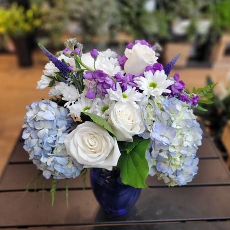 Elegant flower arrangement with white roses, blue hydrangeas, and purple blooms in a blue vase, by Joshua's Greenery Barrie Florist.