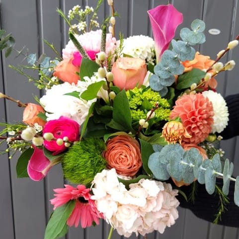 Vibrant mixed flower bouquet with roses, dahlias, eucalyptus from Joshua's Greenery Barrie Florist