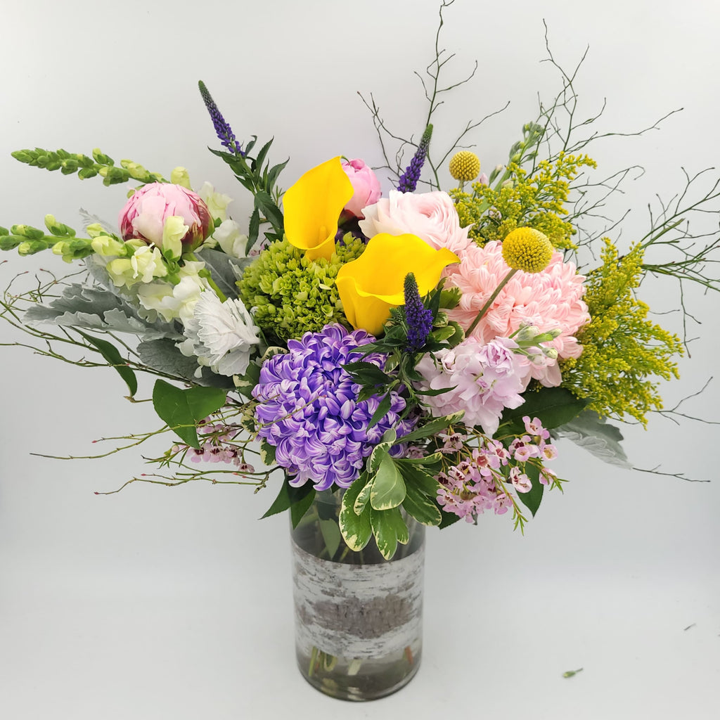 Colorful mixed flower arrangement in glass vase, Joshua's Greenery Barrie florist bouquet