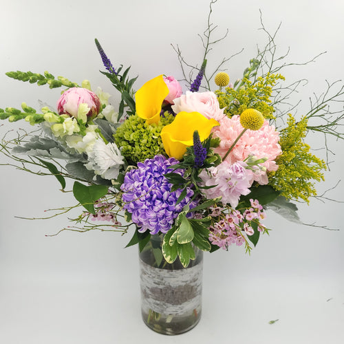 Colorful mixed flower arrangement in glass vase, Joshua's Greenery Barrie florist bouquet