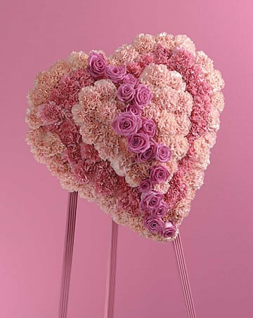 Heart-shaped pink flower arrangement with roses on stand, Joshua's Greenery-Barrie Florist