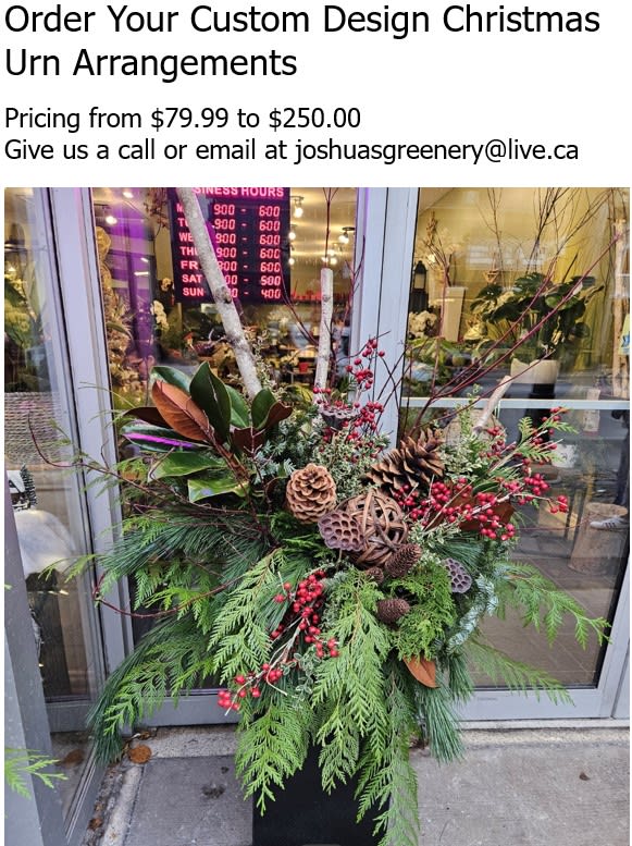 Custom Christmas urn arrangement with pine, berries, and cones at Joshua's Greenery Barrie Florist