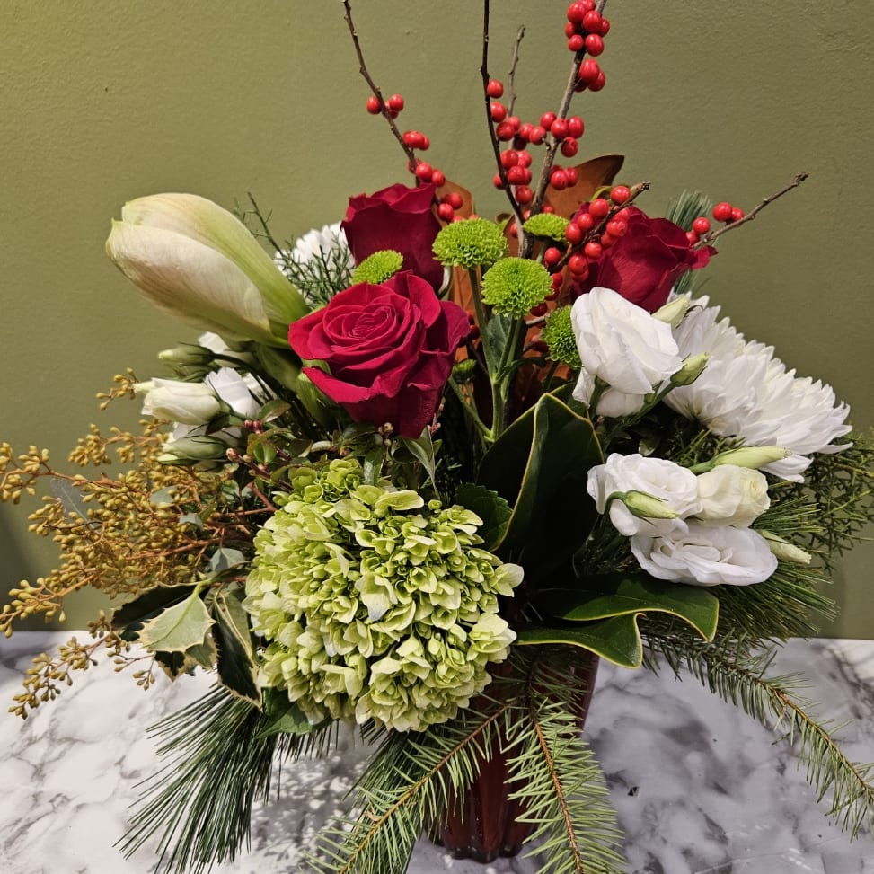 Festive floral arrangement with red roses, white blooms, hydrangea, and berries in vase, Joshua's Greenery