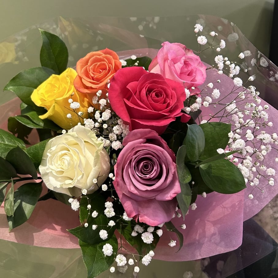 Colorful rose bouquet with greenery and baby's breath from Joshua's Greenery Barrie Florist