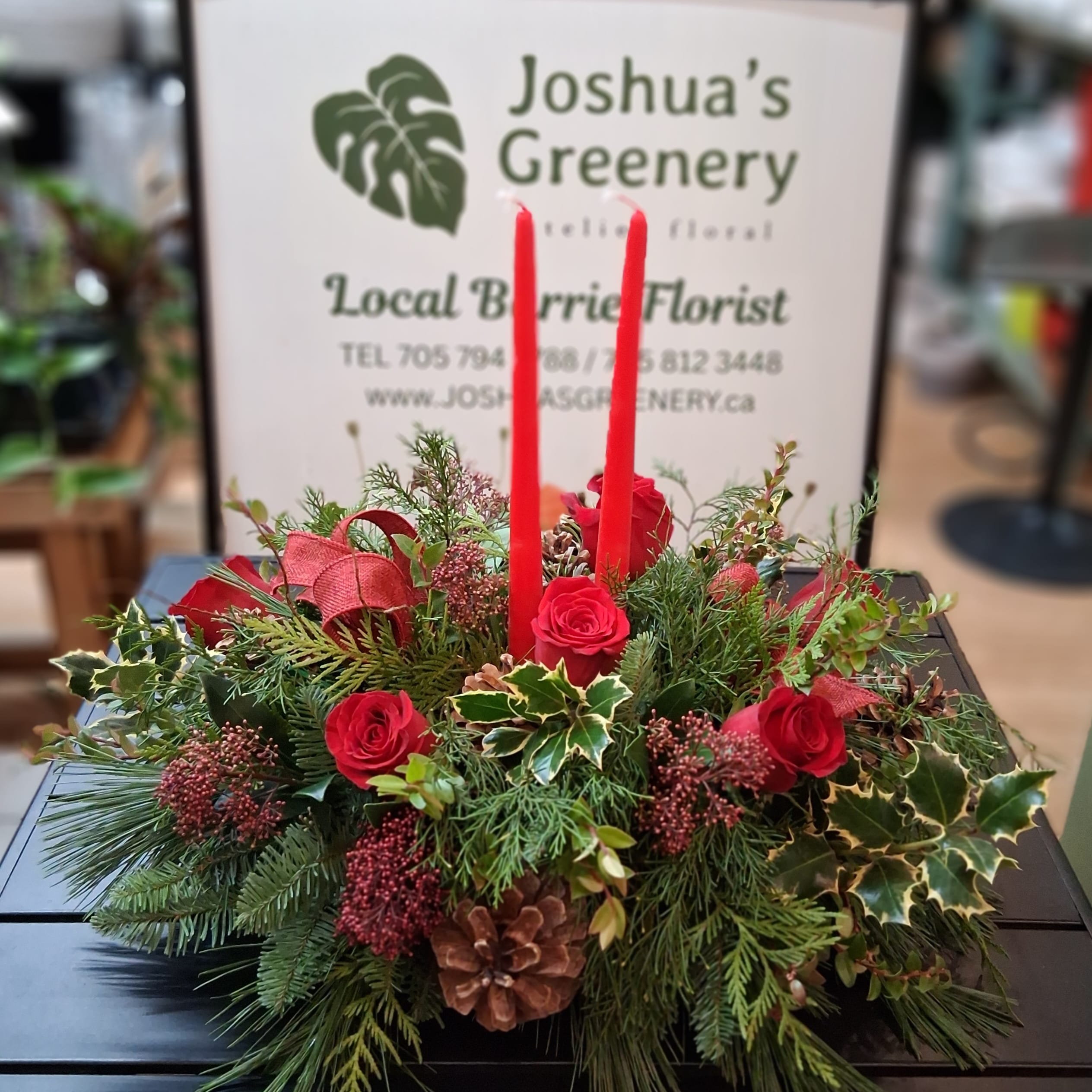 Holiday Centrepiece with Red Roses - Joshua's Greenery-Barrie Florist