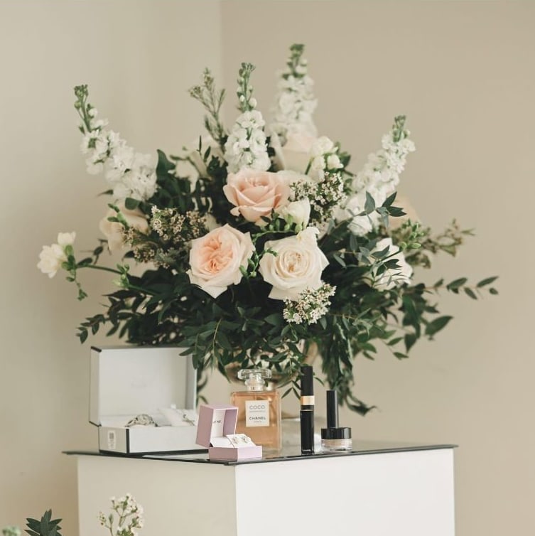 Elegant flower arrangement with white and blush roses at Joshua's Greenery Barrie Florist
