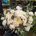 White rose bouquet with greenery at Joshua's Greenery Barrie Florist shop.