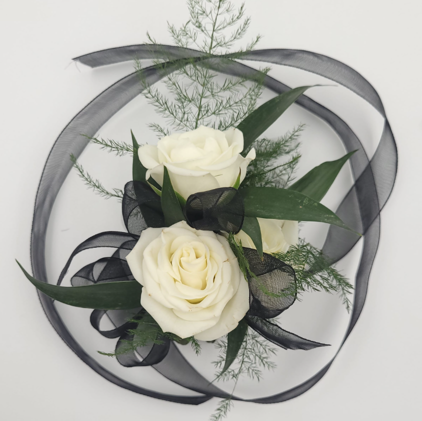 White rose corsage with greenery and black ribbon, Joshua's Greenery Barrie florist arrangement