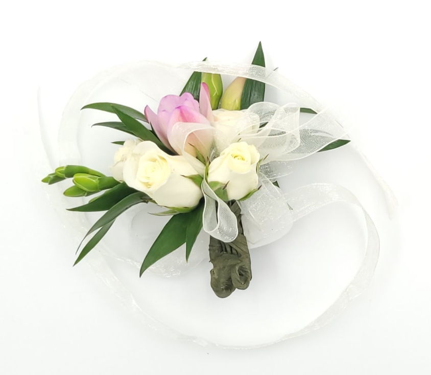 Elegant pink and white boutonniere with ribbon, Joshua's Greenery Barrie florist