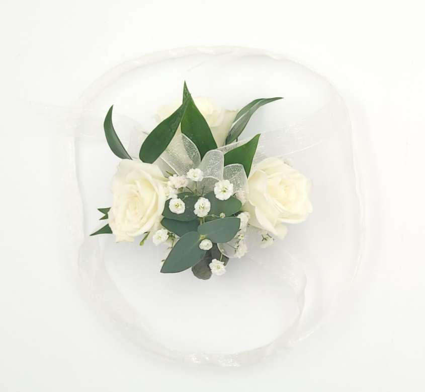 White rose boutonniere with greenery and ribbon from Joshua's Greenery Barrie Florist