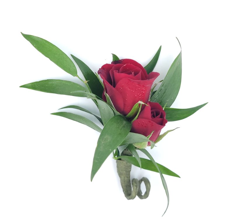 Boutonniere with two red roses and greenery, Joshua's Greenery Barrie Florist arrangement