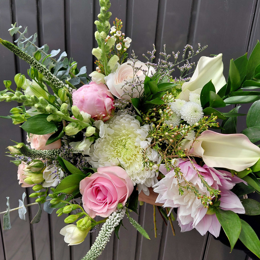 Elegant pink and white flower bouquet with greenery by Joshua's Greenery Barrie Florist