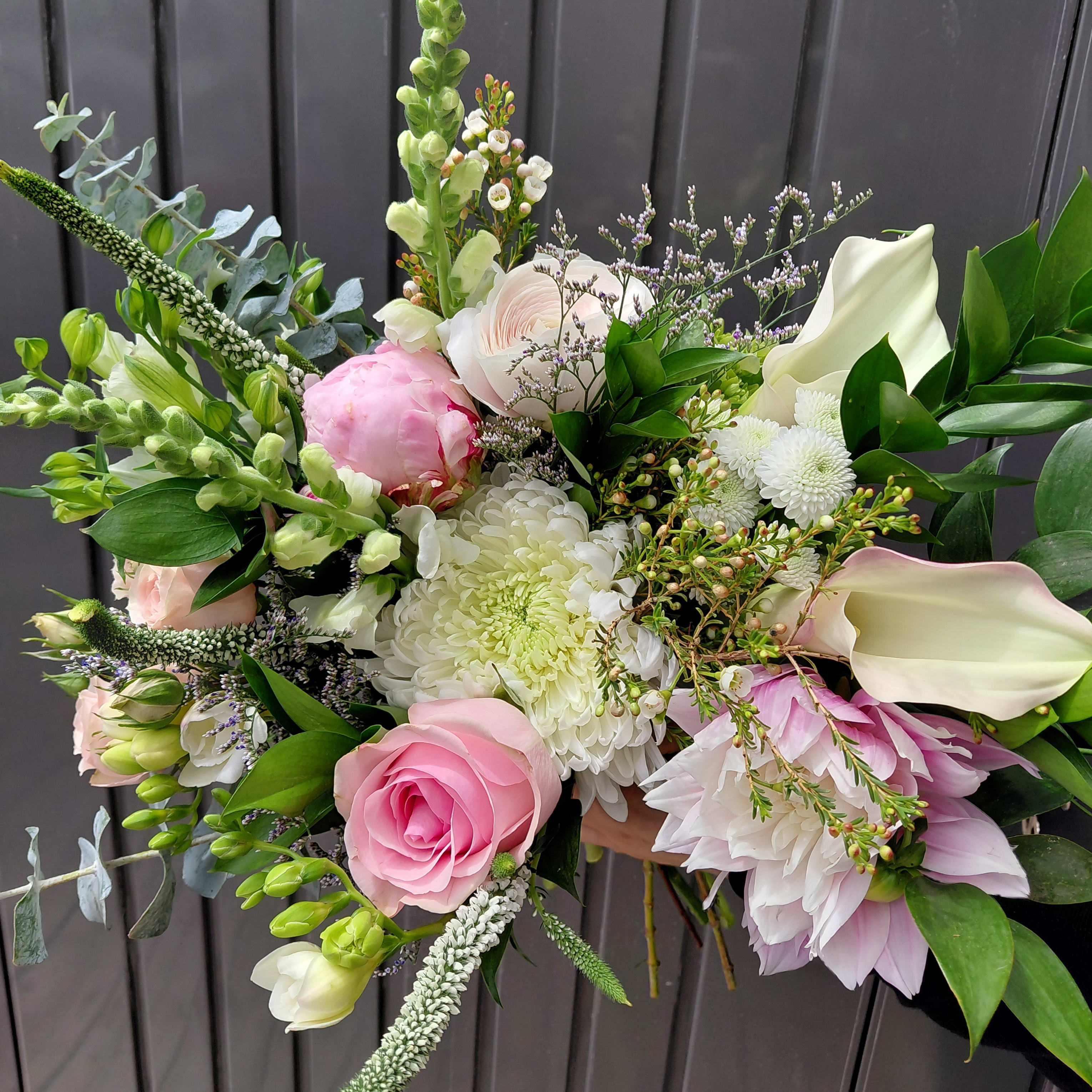 Elegant pink and white flower bouquet with greenery by Joshua's Greenery Barrie Florist