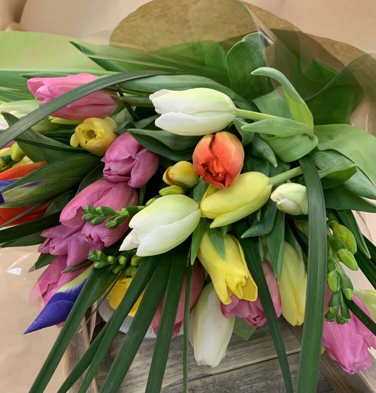 Colorful tulip bouquet with green foliage, Joshua's Greenery Barrie florist arrangement