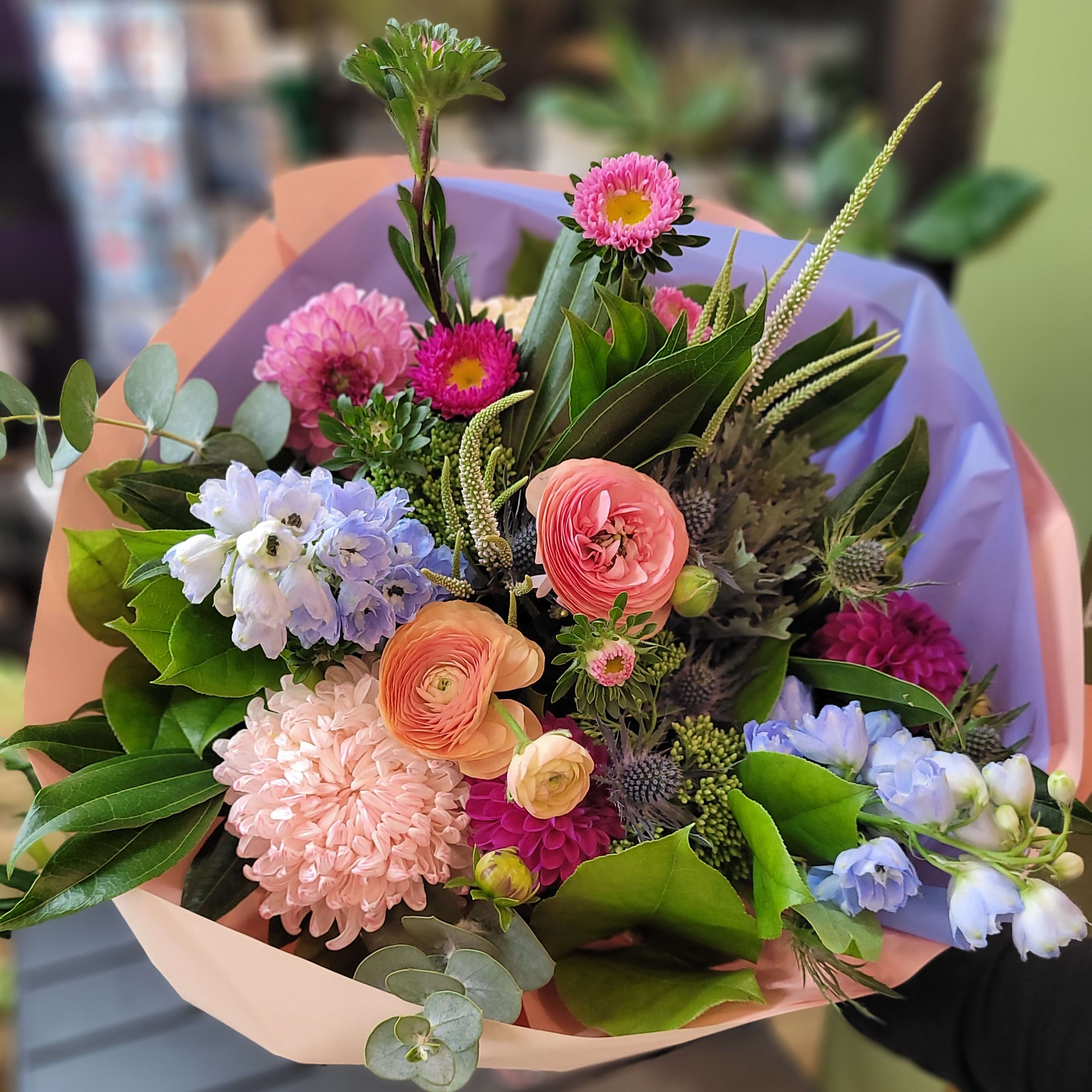 Colorful mixed flower bouquet with ranunculus, chrysanthemums, and greenery, Joshua's Greenery Barrie florist