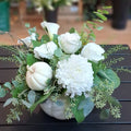 White rose and chrysanthemum floral arrangement with mini white pumpkin in ceramic vase, Joshua's Greenery