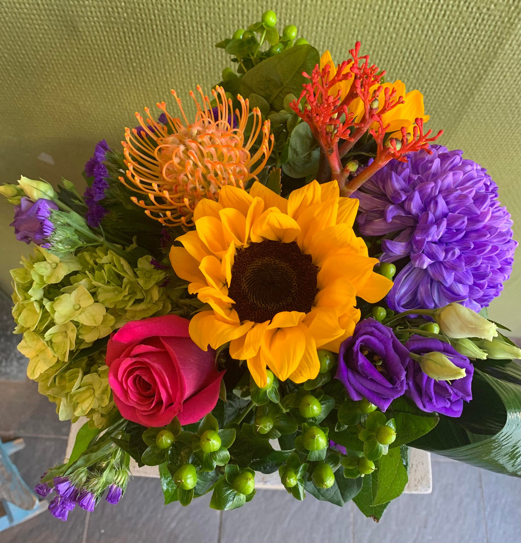 Mixed flower bouquet with sunflower, rose, purple blooms by Joshua's Greenery Barrie Florist