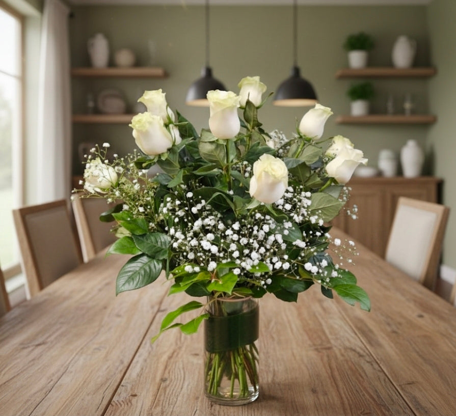 Dozen White Roses in a Vase